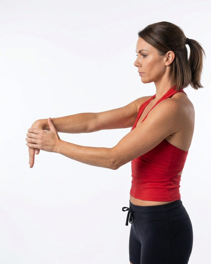 Woman performing a standing forearm flexor stretch with extended arm to relieve carpal tunnel tension and wrist strain.