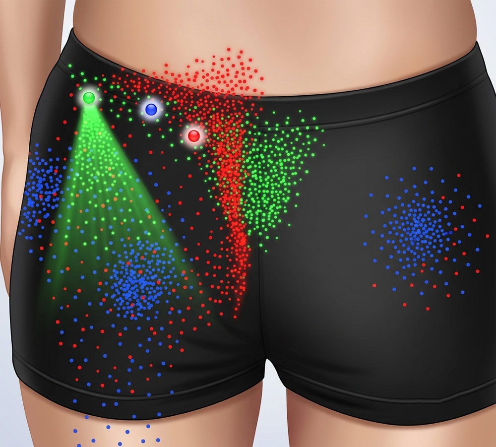 Anatomical illustration mapping out referred pain patterns across the hip, beltline, and upper thigh, which are targeted and released during a sports massage therapy session.