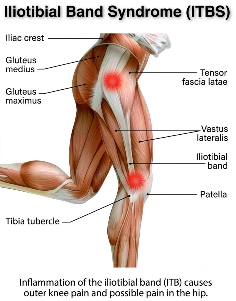 Anatomical diagram of Iliotibial Band Syndrome (ITBS) highlighting the connection between a tight IT band, hyperactive tensor fasciae latae, and the gluteus medius at the hip.
