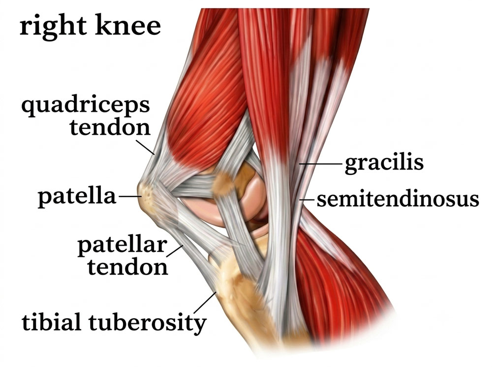 Right knee muscle anatomy diagram detailing the tendons and medial stabilizers like the semitendinosus, used for clinical assessment during a mobile sports massage session.