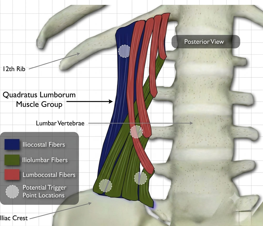 Anatomy diagram of the quadratus lumborum (QL) muscle group, showing common trigger point targets addressed during a deep tissue or sports massage.