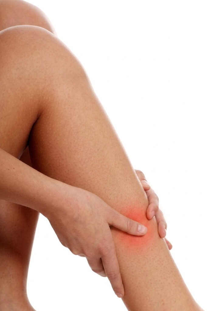 A close-up of hands massaging a tight, painful calf muscle, highlighting the area treated for shin splints and calf strains in York.
