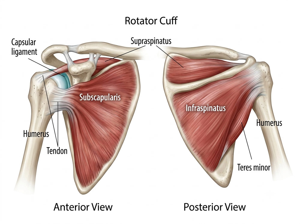 Medical illustration showing anterior and posterior views of the rotator cuff muscles, humerus, and scapula anatomy for mobile sports massage treatment in York
