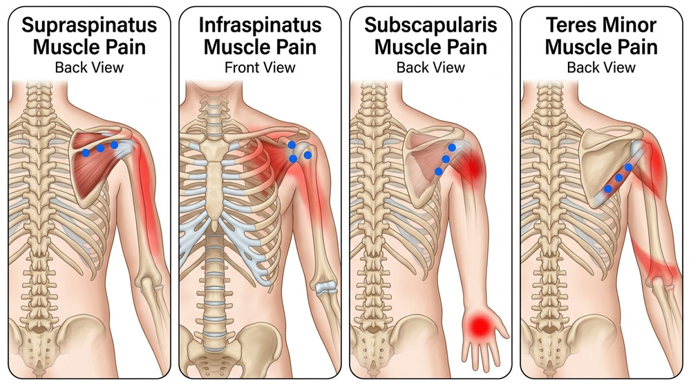 Diagram showing referred pain patterns for supraspinatus, infraspinatus, subscapularis, and teres minor rotator cuff muscles treatable with sports massage in York