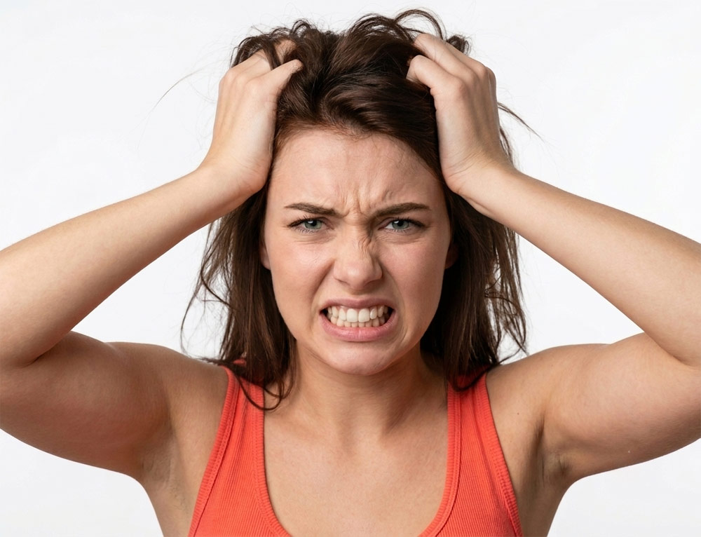 A woman showing signs of intense head pain and muscle tension, a common pattern treated with targeted remedial mobile massage therapy in York