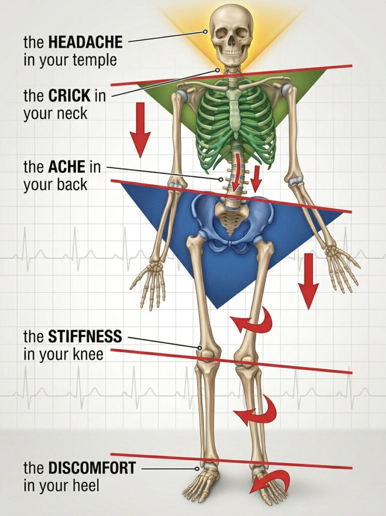 Alt Text: An anatomical diagram of the human skeleton illustrating how pelvic misalignment and kinetic chain compensation cause a chain reaction of pain, from heel discomfort and knee stiffness up to lower back aches, neck cricks, and headaches.