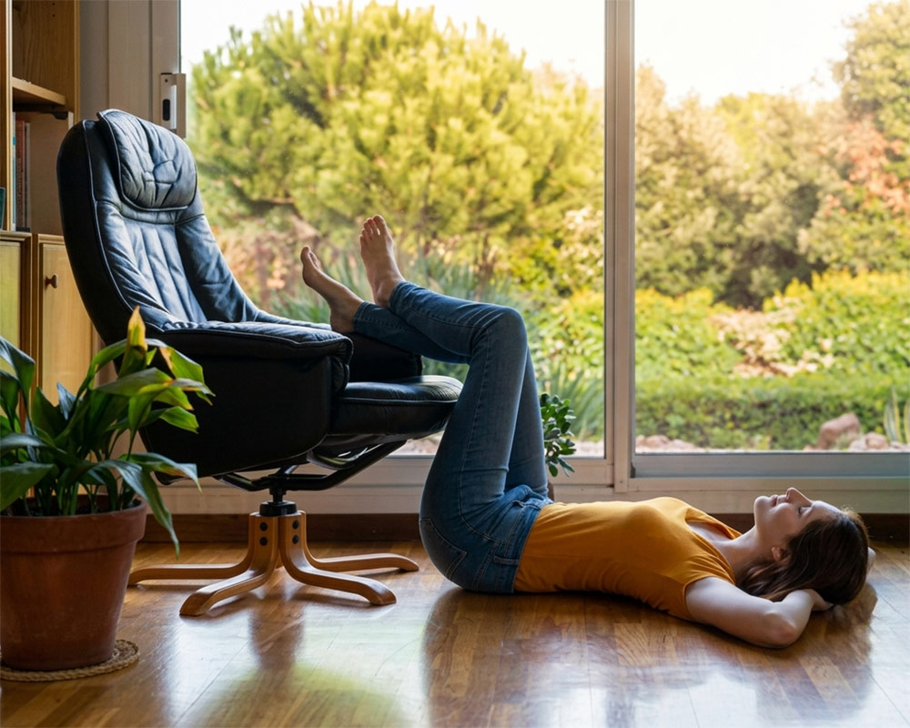 woman relaxing at home with feet on chair Woman lying on the floor with her feet resting up on an armchair, enjoying total relaxation at home after a mobile massage in York