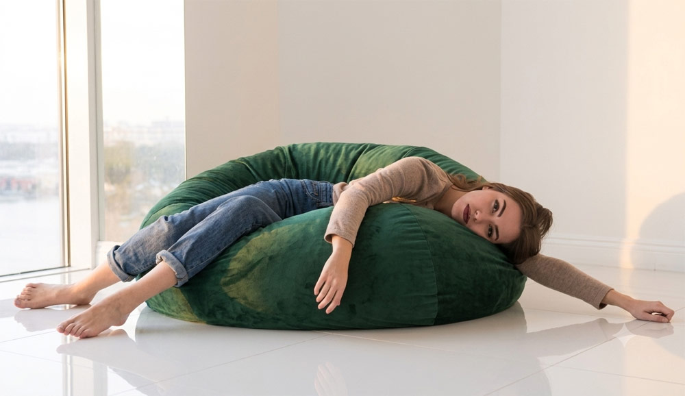 woman laying on bean bag at home Woman lying relaxed in her living room, illustrating the benefit of resting at home immediately after a deep tissue or sports massage