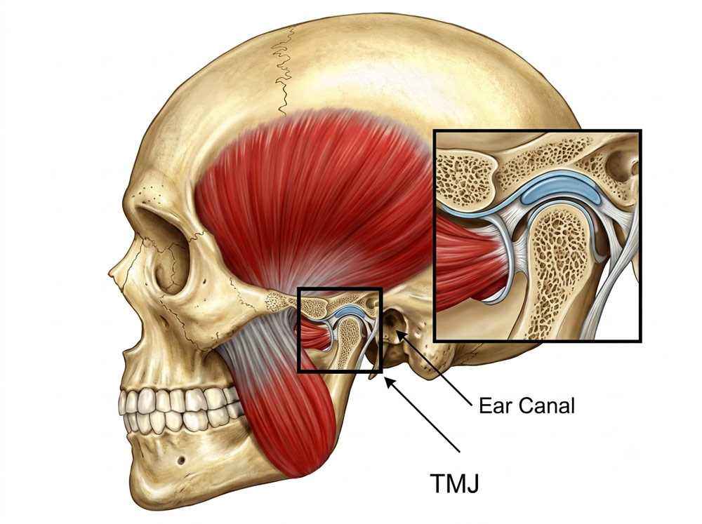 Anatomical diagram highlighting the TMJ joint, ear canal, and jaw muscles targeted during mobile sports massage for jaw pain in York.