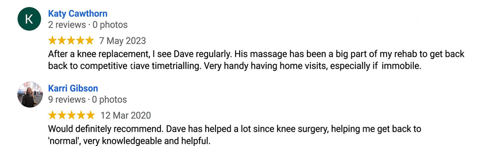 Five-star Google reviews from clients praising mobile post-surgery massage therapy and home rehabilitation recovery in York.