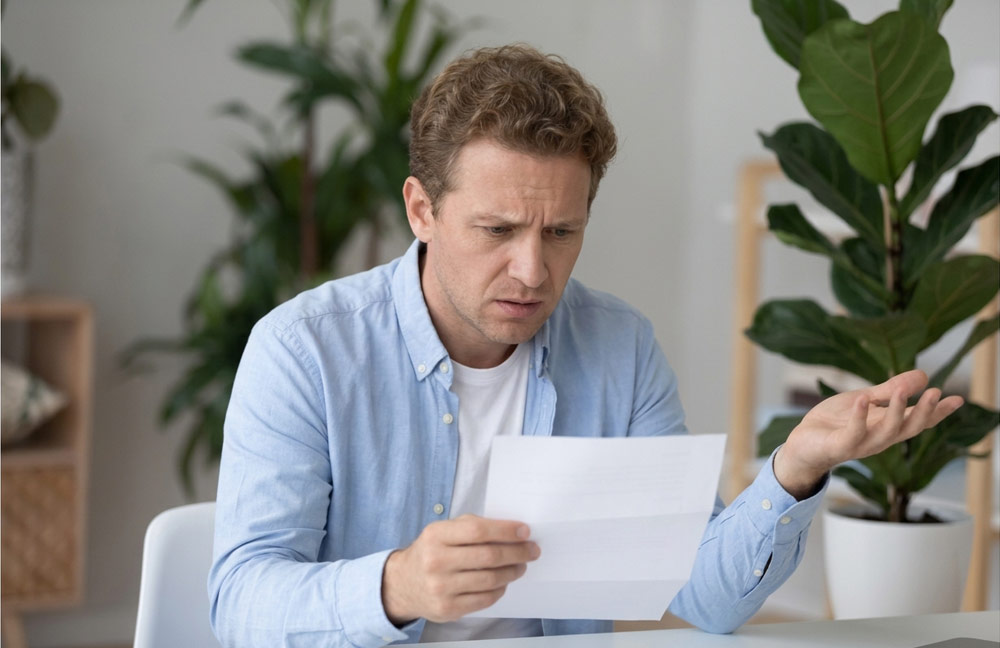 Frustrated patient reviewing a generic post-surgery discharge exercise sheet before seeking mobile rehabilitation in York.