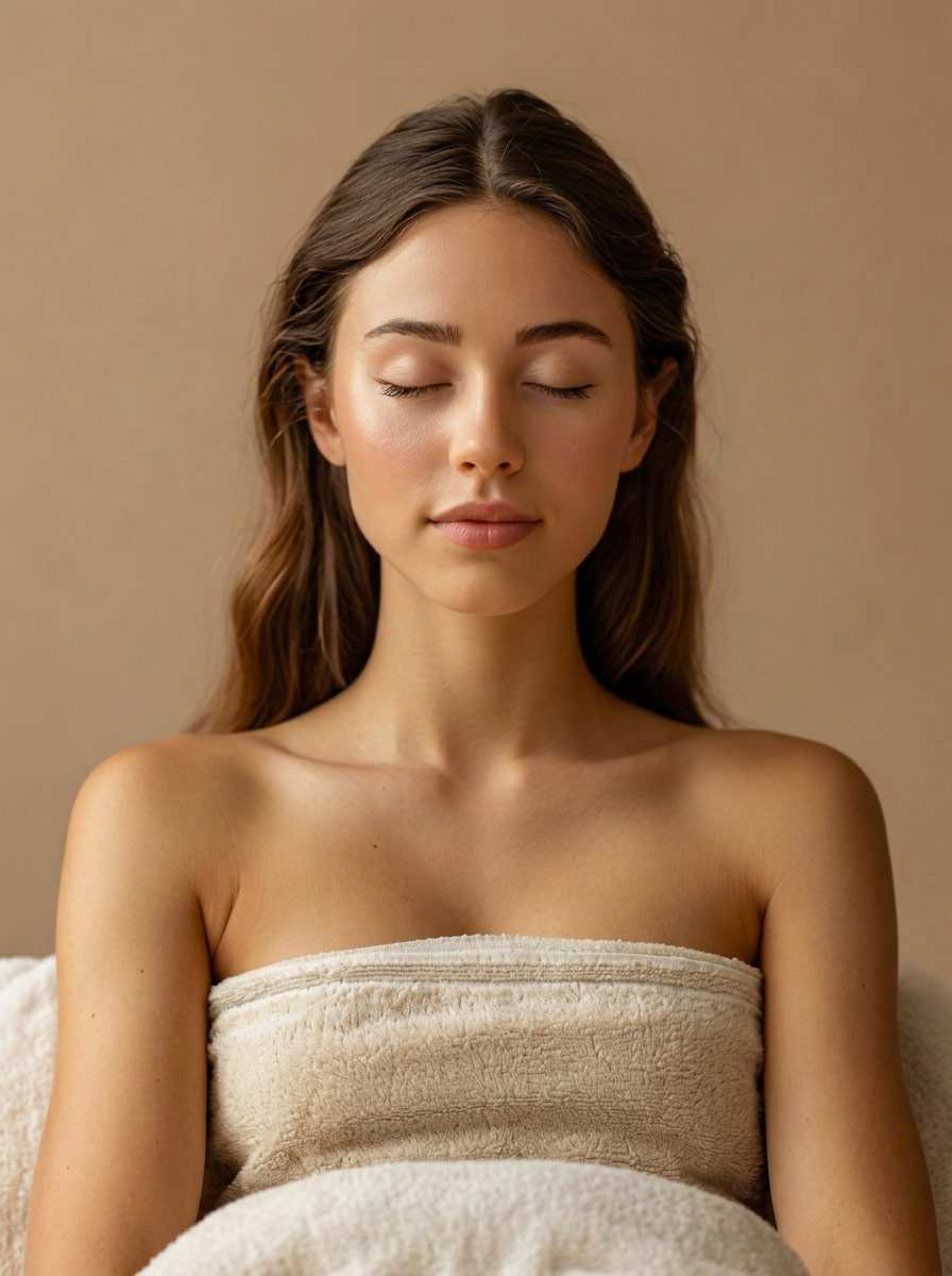 A young female student resting with eyes closed after a soothing neck and shoulder stress relief massage session in York