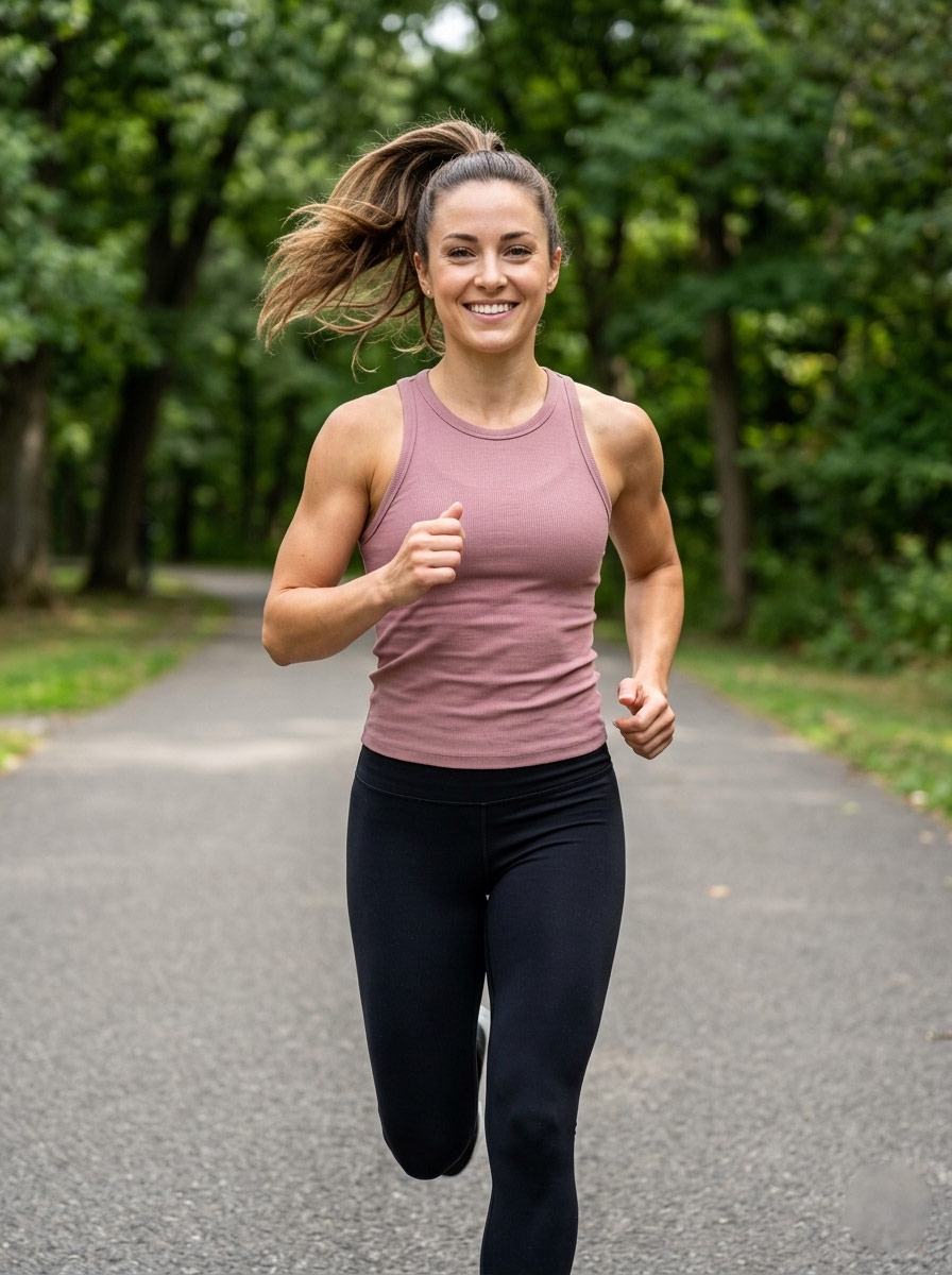 Happy female runner in York, England, during a pain-free run on an outdoor path, showcasing the long-term benefits of systemic mobile sports massage and movement correction.