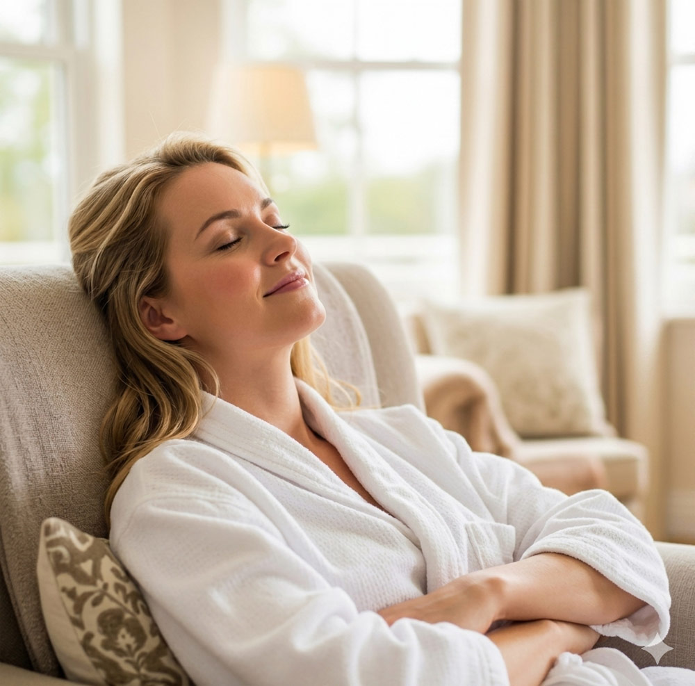 A relaxed woman in a white bathrobe resting comfortably at home, illustrating the stress relief and muscle tension release of a mobile therapeutic massage service in York.
