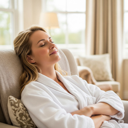 A woman relaxing in a comfortable armchair at home, embodying the post-session tranquility of mobile sports massage.
