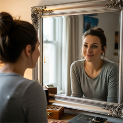 woman looking in mirror smiling at her weight loss