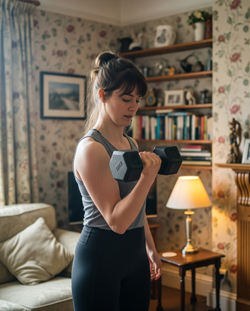 a woman doing a bicep curl with eccentric contraction at home