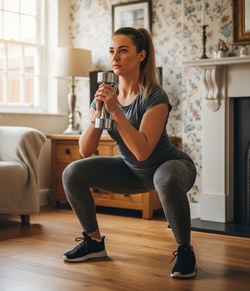 a woman doing a squat with eccentric contraction at home