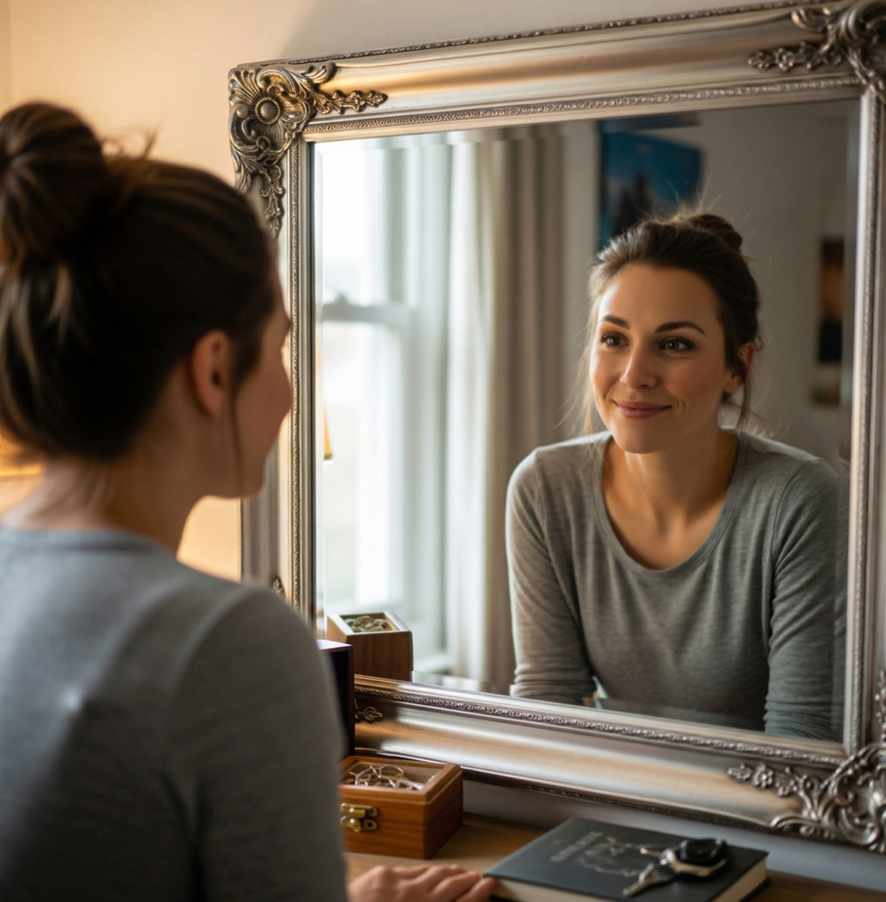 Woman looking in the mirror with a confident smile, reflecting personal progress from mobile personal training in York.