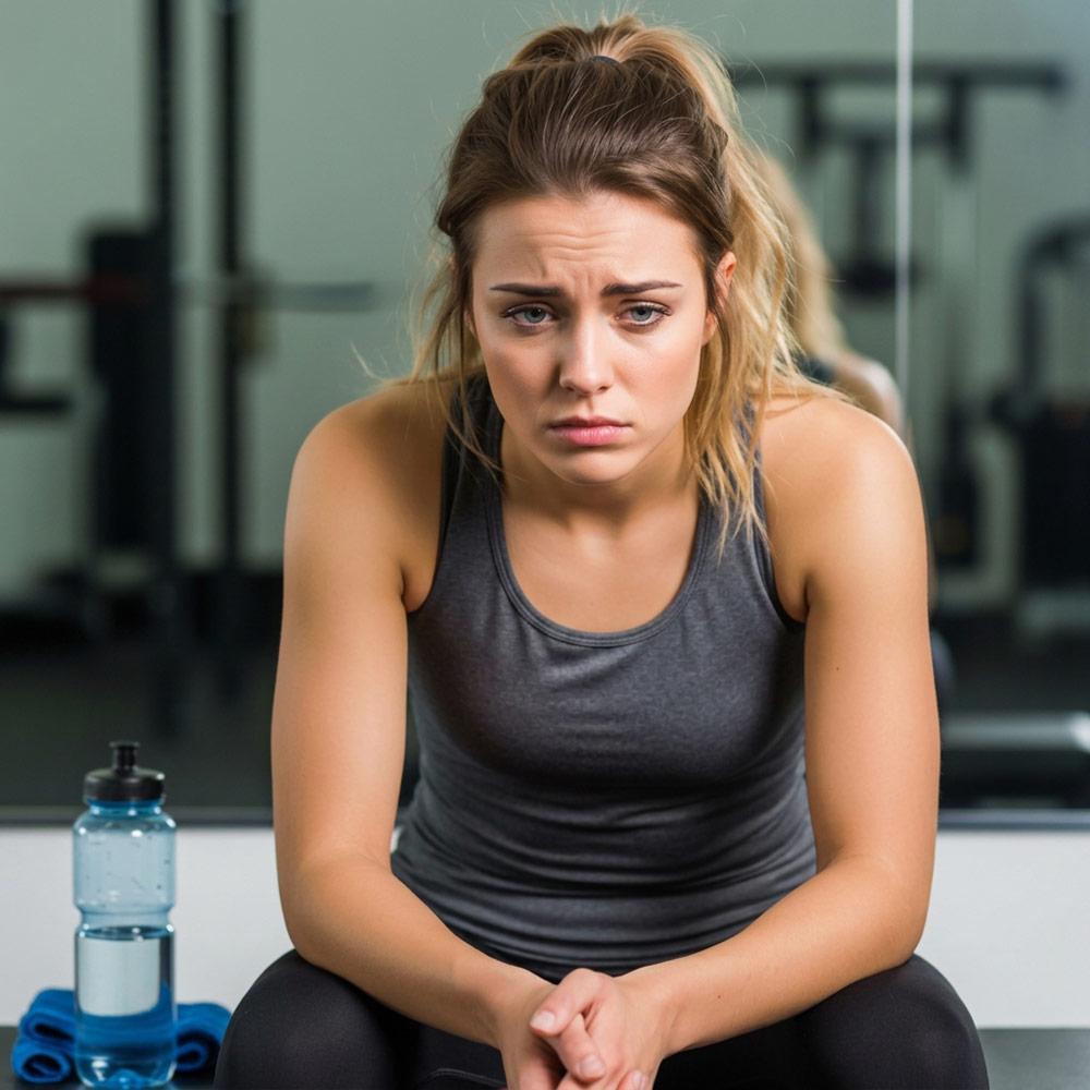 Frustrated woman sitting in a gym reflecting on weight loss struggles, representing the barriers resolved by mobile personal training in York.
