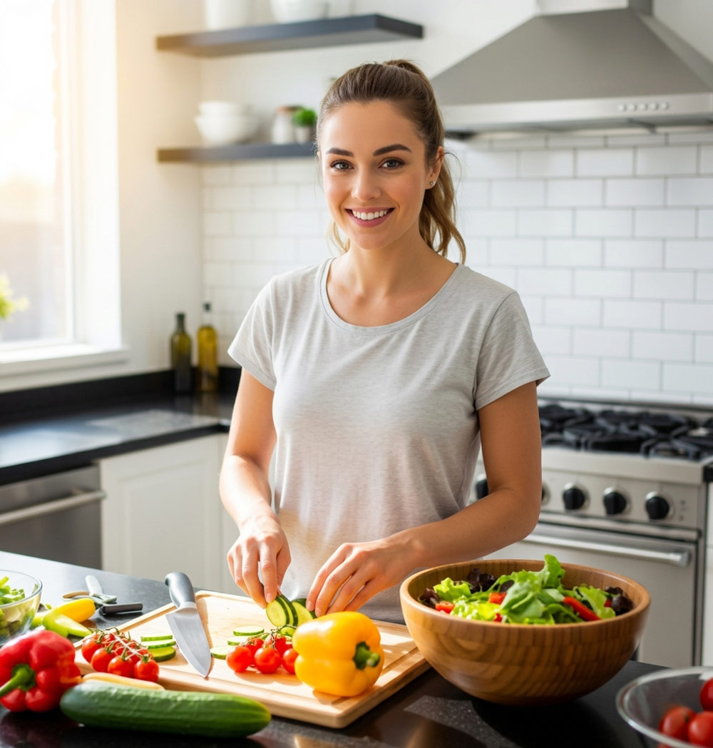 Woman preparing a healthy meal with fresh vegetables in her kitchen, illustrating sustainable nutrition guidance from a mobile personal trainer in York.