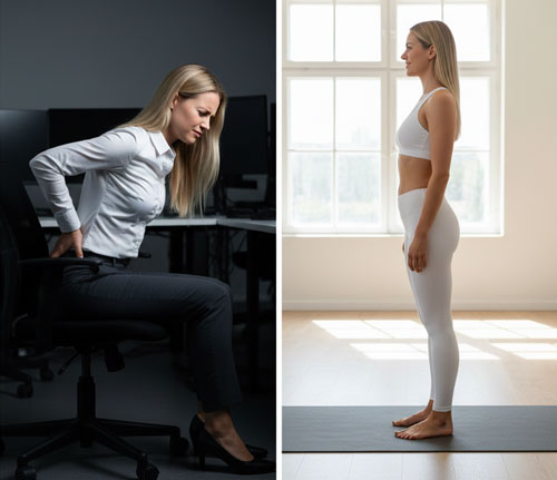 woman with bad posture at work and good posture in the gym